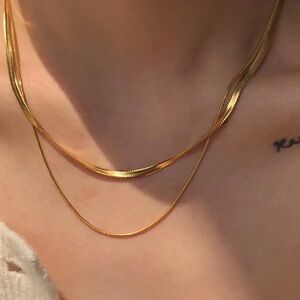 NEW 18K Gold Plated Double Layered Flat Snake Chain Choker Necklace